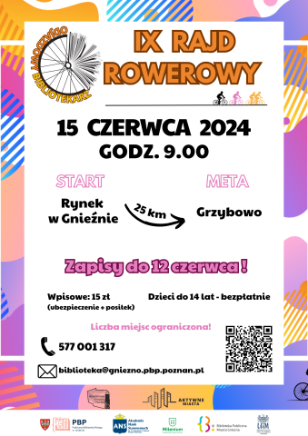 Plakat informacyjny dotyczący 9. edycji rajdu rowerowego Odjazdowy Bibliotekarz, wyjazd 15 czerwca. godzina 9.00 z Rynku w Gnieźnie, meta w Grzybowie