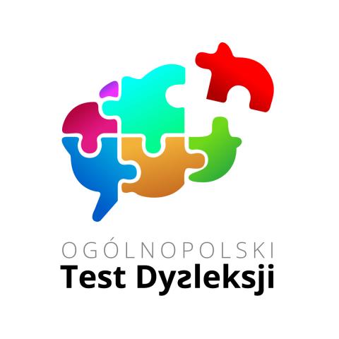Mózg złożony z kolorowych puzzli i napisa Ogólnopolski Test Dysleksji