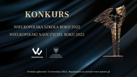 Na grafice w kolorze czarnym informacja Konkursy o tytuł Wielkopolska Szkoła Roku oraz Wielkopolski Nauczyciel Roku