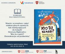 Grafika przedstawia okładkę książki Kro tu rządzi G. Bąkiewicz, napis Konkurs dla nauczycieli